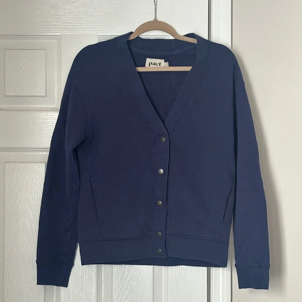 PACT Organic Cotton Cardigan Navy Blue Size Small Women's Button Front - Picture 1 of 6